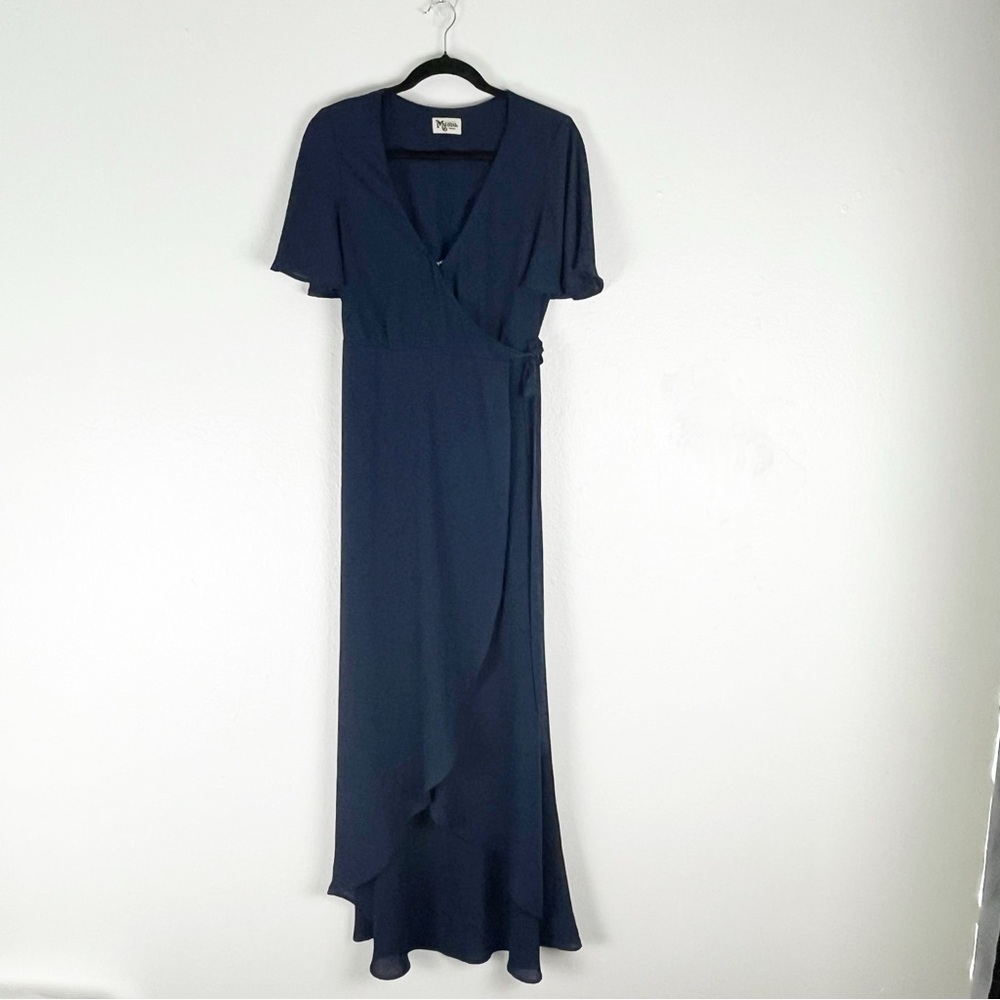 SHOW ME YOUR MUMU Marianne Navy Wrap Flutter Sleeves V-Neck Dress Small Wedding